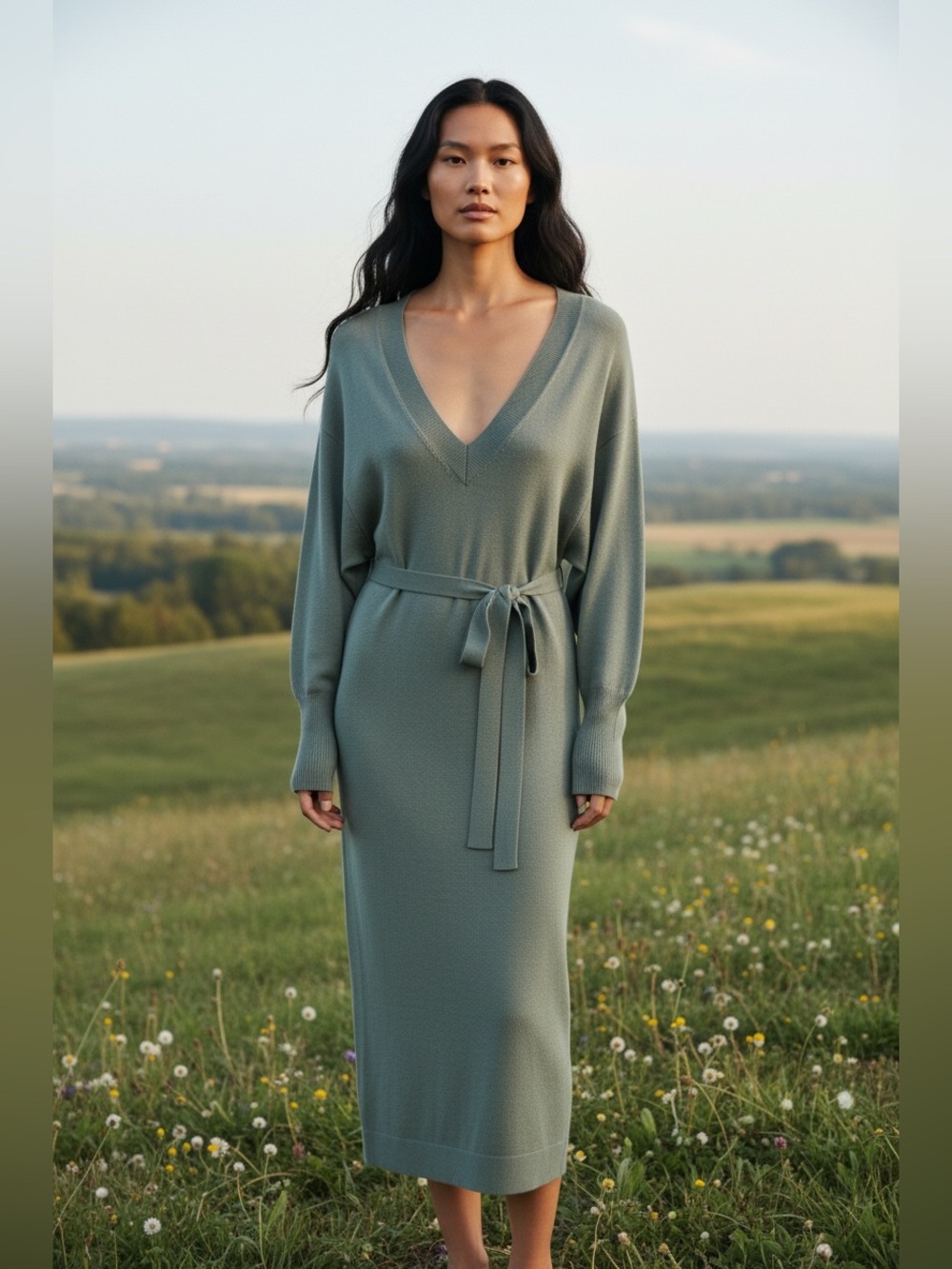 RW &Co Sage Green Long Sleeve V-Neck Midi Dress-Tie waist-Size Small